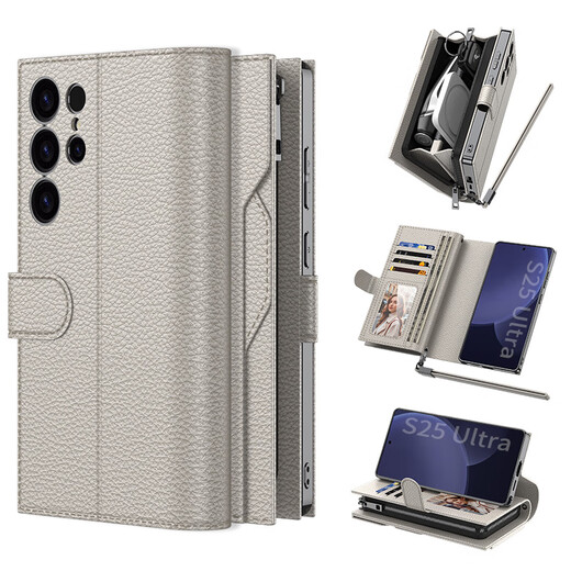 Anwendbar für Samsung S25ultra Mobiltelefonhülle Multifunktion S24U Reißverschluss Brieftasche Lederhülle Handtasche Flip Card Clip [Schwarz] Handtaschen-Cool Black SM-S25ultra