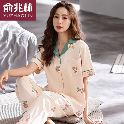 俞兆林夏季睡衣女舒适纯棉开衫短袖长裤全棉薄款中年人妈妈款两件套装 659 M 80-100斤
