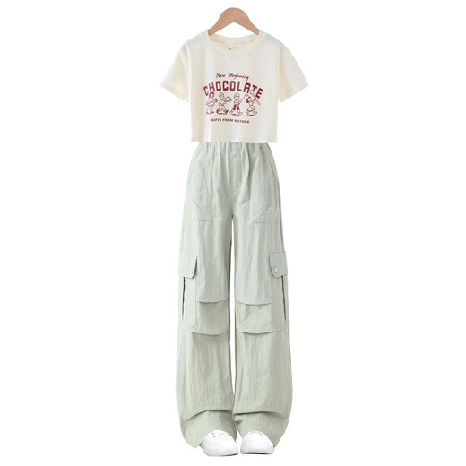 
Pitt Pitt Girls Summer Set 2025 New Children's Short Sleeve Worksports Summer Clothes Cool and Smoothing Big Children's Girls Clothes 15265 Green + 9937 meters white 160 cm
