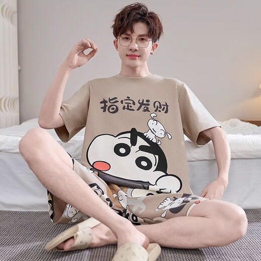 
Caiyun Kali pajamas men's 2025 summer short-sleeved shorts cartoon casual loose home clothes young people can wear thin suits outside 6627 blue letters M student [90-115Jin[Jin equals 0.5 kg]]