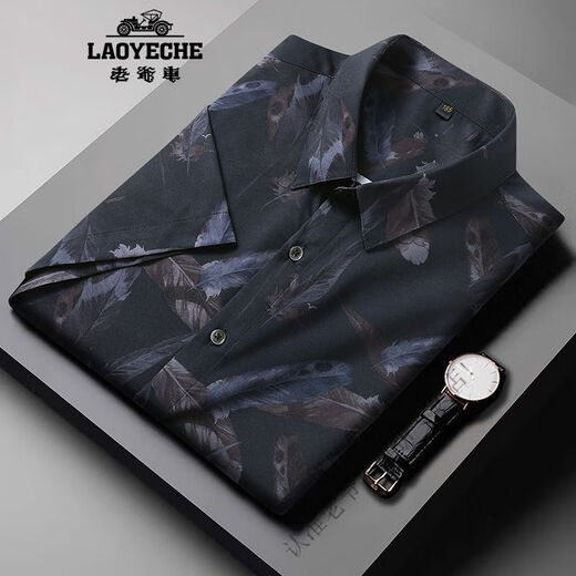 Classic Car (Laoyeche) Sommer Herrenhemd Blumen lose große Eis Silk Kurzarm Trendy Fett Hemd Männlich Fett extra großer halbe Ärmel 9207 Schwarz L.
