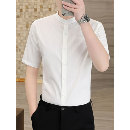 GOLDLION G+ goldlion stand collar short-sleeved shirt men's summer thin high-end business casual top men's no-iron Henry collar white M
