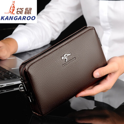 袋鼠（KANGAROO）2025新款手拿包密码锁男士软皮手包大容量手抓包商务手机钱包 A90手棕色