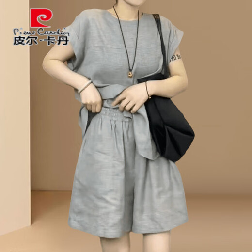Pierre Cardin Small Fashion Casual Anzug 2025 Sommer Europäer Lose große Frauen-Shorts tragen einen kompletten Set Grau 2xl [Empfohlen 130-150 Jin [Jin entspricht 0,5 kg]]