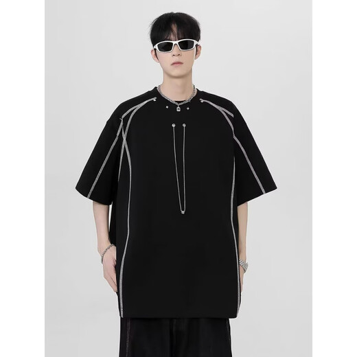 
COLORFUL GEMS summer contrasting line shoulder pad short-sleeved shirt men's design small neckline 1421 white M