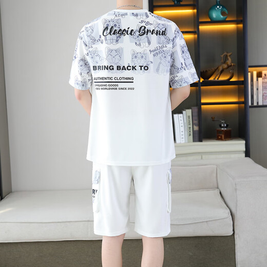 媛扣2025夏季新款短袖套装男青少年百搭短裤休闲运动两件套渐变色男装 6187蓝色 M
