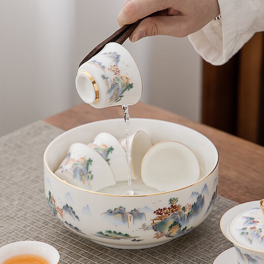 Large gold inlaid jade mutton fat jade porcelain tea set complete set of white porcelain Kung Fu tea set gift box Shanshui Qingyin