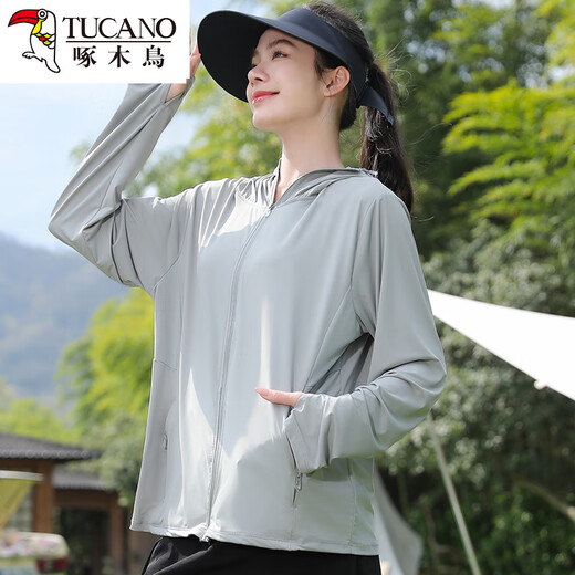 Holzspecker Ice Seide Kapuze-Sonnenschutzkleidung für Frauen 2025 Neue Sommer Dünne Sonnenschutzkleidung lose Strickjacke schultertrockne Style-Grey frei UPF50+ Testkarte m