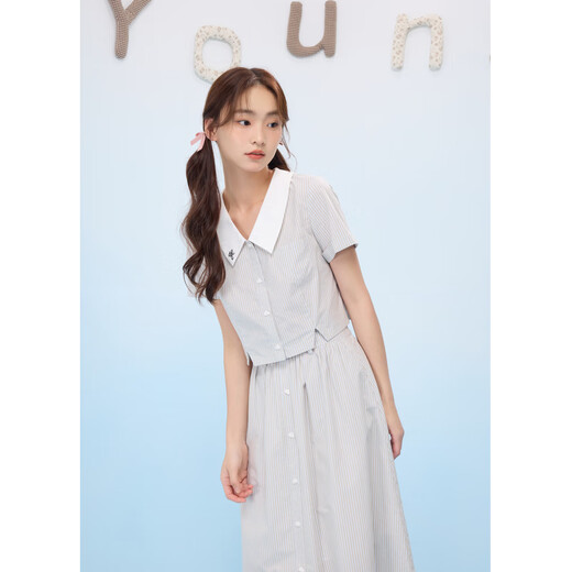 Zihan (ZIHAN) Zihan blue vertical striped short-sleeved shirt high-waisted a-line skirt two-piece suit for women 2025 summer new style blue stripe S