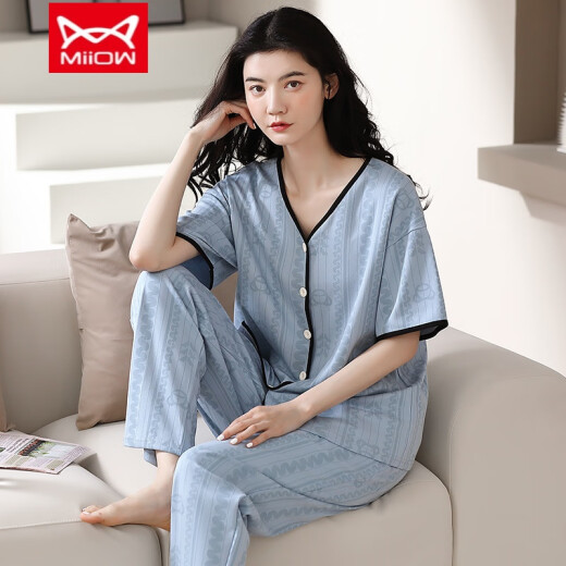 猫人（MiiOW）纯棉睡衣女春夏短袖长裤开衫韩版可爱领夏天家居服套装 YSH-9737#开衫 M 码80-100斤需预留缩水
