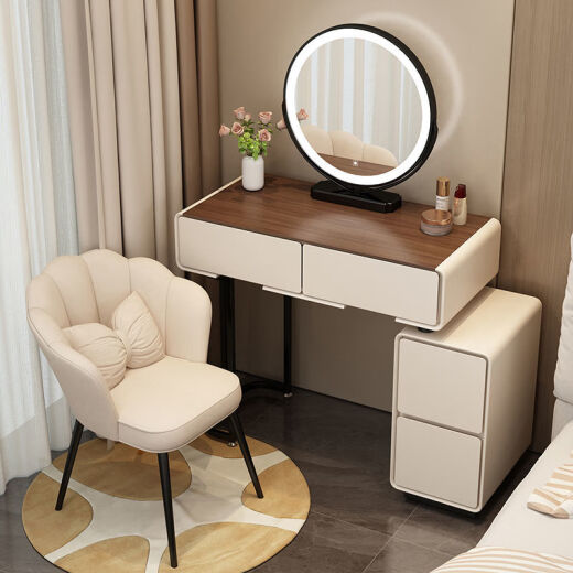 Tangshan (TANGSHAN) Tangshan cream style dressing table bedroom modern simple small apartment makeup table bedside storage chest cabinet desk mirror gray-walnut desktop (black round mirror) 655mm (60 table + side cabinet) + grid stool