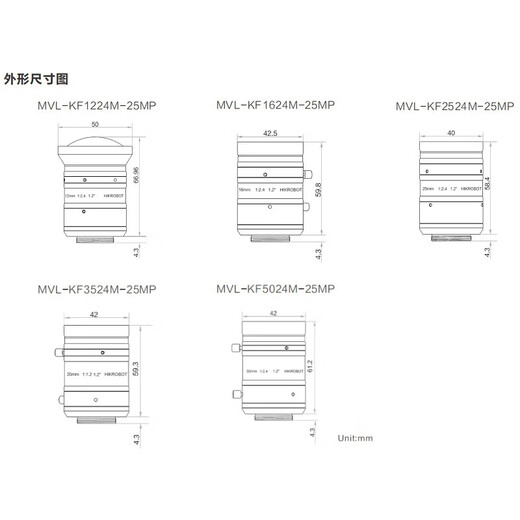 海康MVL-KF1224/1624/2524/3524/5024M-25MP 2500万工业镜头1. MVL-KF1224M-25MP 12mm