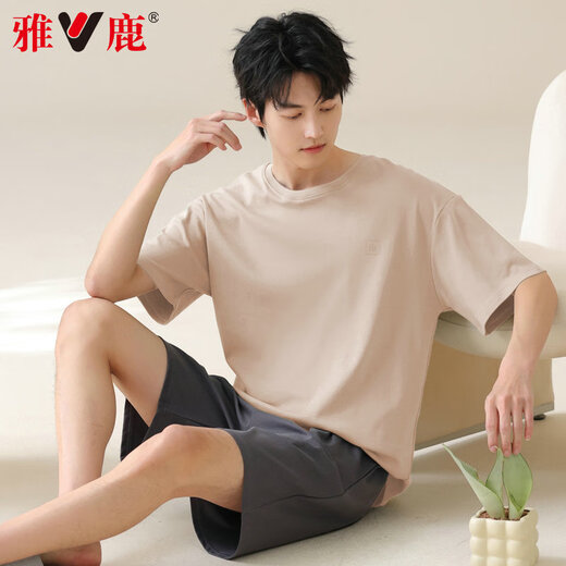 雅鹿男士睡衣男纯棉夏季薄款短袖全棉可外穿休闲大码男生家居服套装 42M13603 XL 【推荐体重120-140斤】