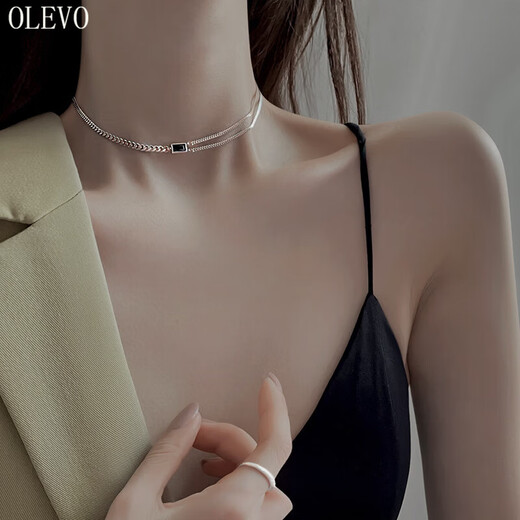 OLEVO韩版双层不对称项链女复古时尚气质方形锁骨链创意小众女新款饰品 XL1278