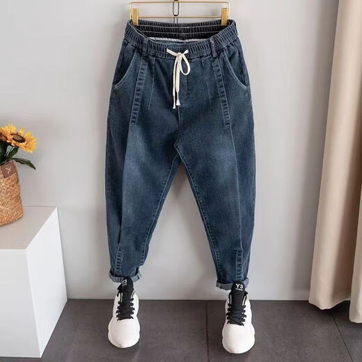 PZHKins retro nine-point jeans men's trendy brand tapered small feet casual loose harem pants trendy carrot pants blue 5128 retro blue [(high) quality] M