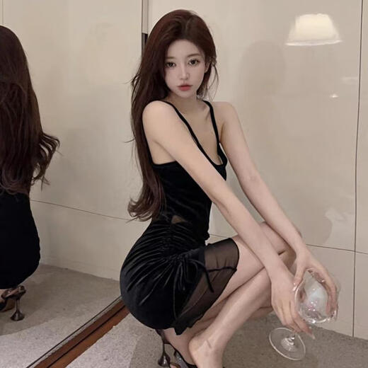 忆静萱（YIJINGXUAN）夜店v领吊带连衣裙女小个子性感网纱拼接丝绒裙短款夜店酒吧蹦迪 黑色 M