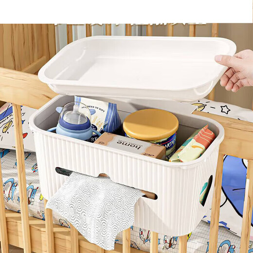 Rack de almacenamiento de la cama de la cuna de bebé, bolsa colgante de canasta de noche, pañales de almacenamiento de pañales, caja de almacenamiento de la cerca de pañales Modelo cubierto de cubierta blanca [con salida de papel]