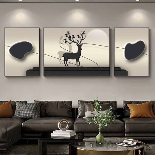 语森忆一鹿高升大气客厅装饰画感沙发背景墙挂画抽象三联画 T10975 60*80/120*80/60*80适合3.8米左