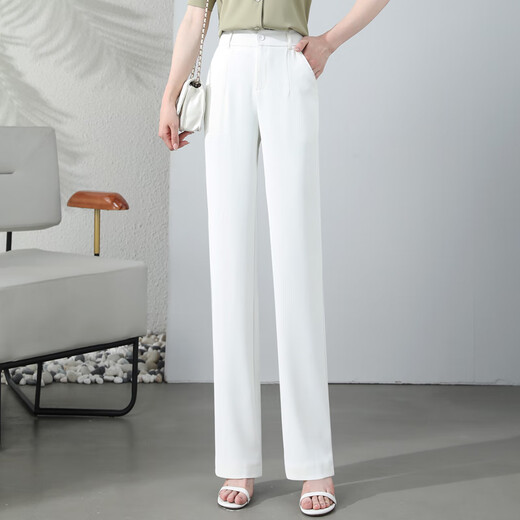 
AEMAPE white narrow version straight-leg pants for women's summer thin 2025 new high waist droop loose ice silk casual professional suit pants 683 black trousers L 28