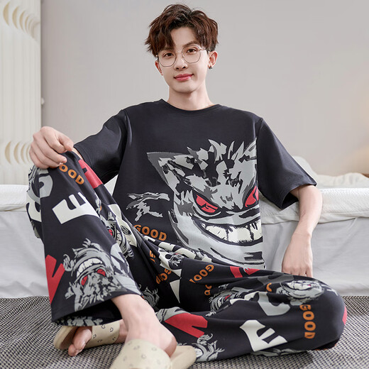 
JUNJUNSUIDIMEI Men's pajamas summer pure cotton short-sleeved trousers cartoon teenagers spring and autumn summer thin large-size home clothing set short-length-WB-671 Dingdang Cat L standard (high 165-170 100-125Jin [Jin equals 0.5 kg])