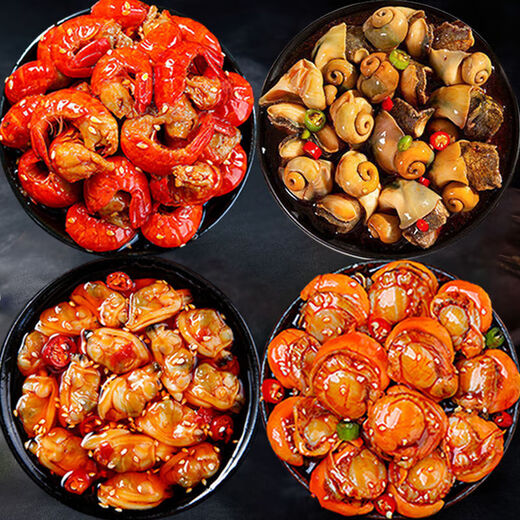 Canned seafood snacks, satisfying snacks, delicious instant meal replacements for meals and drinks, delicious and ready-to-eat seafood (shrimp tails + scallops + sea hares + clams)