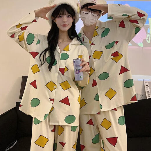 Colorful Gems Crayon Shin-Shin-Same Couple Pyjamas Pyjamas Spring et automne à manches longues mignonnes Cartoon Étudiant Door Home Vêtements Home 5155 # Couple Geometric Shin-Shin-Beige [Version] M Femmes [75-100jin [Jin est égal à 0,5 kg]]]