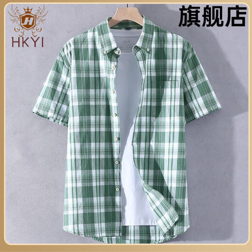 HKYI格子短袖衬衫男夏季纯棉青少年学生休闲百搭半袖寸衣全棉衬衣男款 cs867灰色  长袖 均码 m90-120斤