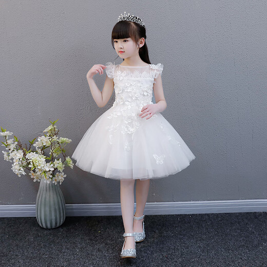 Xiaoka Yi Nong girls princess dress tutu yarn children's small host evening dress flower girl wedding dress piano performance suit kindergarten summer white 804B3 short section 130cm