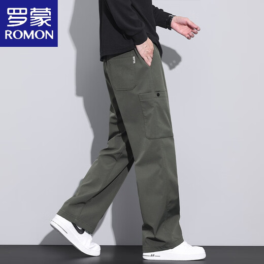 罗蒙（ROMON）美式潮牌工装裤子男宽松直筒春秋伞兵裤2025春秋新款运动休闲长裤 9856-军绿色 M 【商家】90~110斤