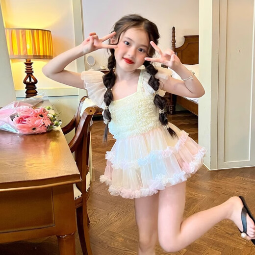 迪士尼（Disney）女童夏季泳装2025新款夏装儿童连衣裙tutu裙子宝宝夏款公主游泳衣 3527#彩虹泳衣 90 身高80cm左右