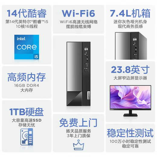 Lenovo Yangtian M4000q kommerzieller Büro-Desktop-Computer Desktop-Host (Core 14. Generation i5-14400 16G 1 TB SSD Win11 Office) 23,8 Zoll