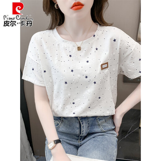 Pier Cardin reines Baumwolldruck-T-Shirt für Frauen kurzärmelige Sommer 2025 NEU LOOSSPRUCK DESIGN VERSATILE T-SHIRT TOP Trend 1396 Weiß + W7274 Löwenzahn M für 100-109jin [Jin gleich 0,5 kg] geeignet.