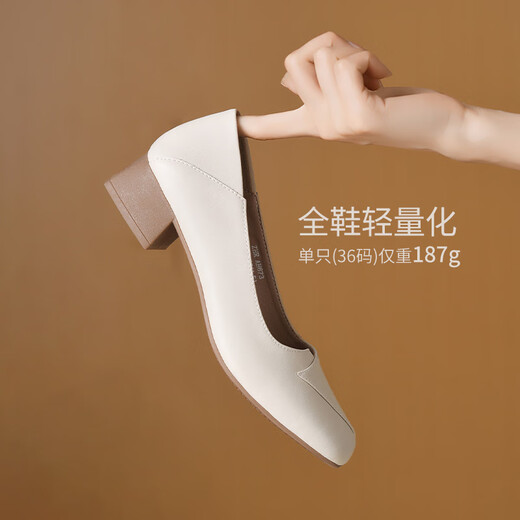 ZHR粗跟单鞋女经典拼接工作皮鞋通勤一脚蹬浅口女鞋软底AH673米色39