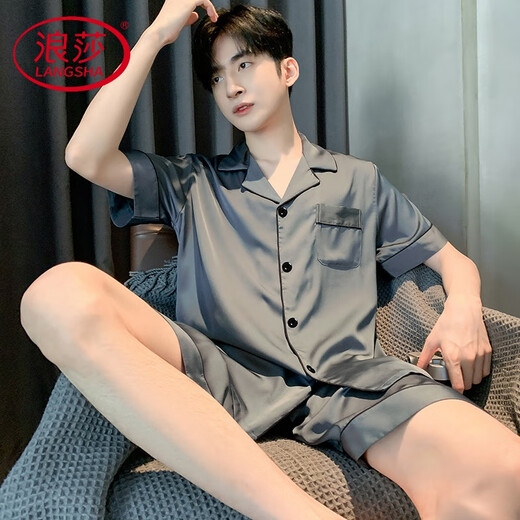 Langsha Light Luxury 2025 new pajamas men's summer short-sleeved shorts thin boys spring and autumn teenagers home clothing set Ice silk 6627 L (suggested height 170, weight 100-