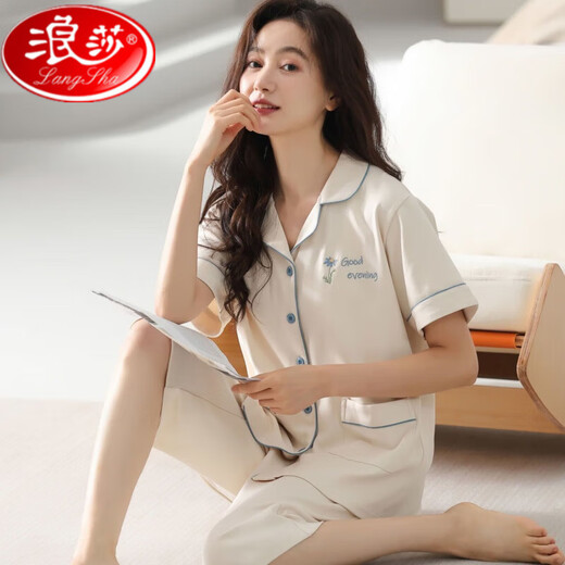 浪莎纯棉睡衣女士2025夏季短袖七分裤中青年款大码开衫套装薄款家居服 n9898短袖七分裤开衫 M (80-100斤)