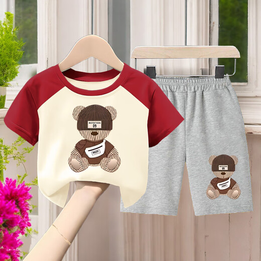G.DUCKKIDS2025 Summer Children's Cotton Set Boys Thin T-shirt Handsome Short Sleeve Top Cartoon Casual Two-Piece Set 694#XT Short Green + 694# Gray Shorts Size 90 (Height 70-80cm)