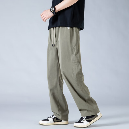 POUM ice silk straight pants men's summer loose sports breathable drape wide-leg quick-drying pants 6636 military green XL