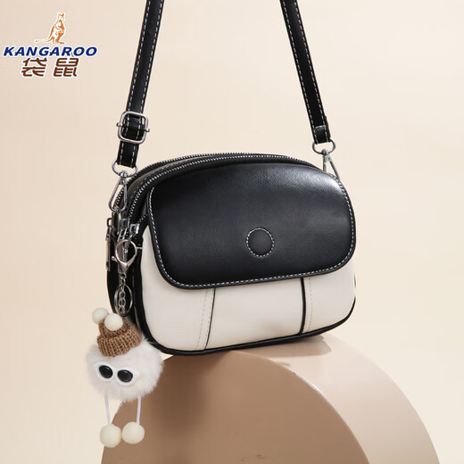 袋鼠（KANGAROO）包包女士春夏季新款时尚通勤软皮小圆包休闲单肩包洋气斜挎包 咖啡配白