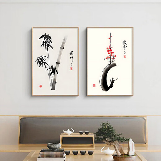 Living room background wall decoration painting entrance hall hanging painting tea room calligraphy and painting mural Chinese painting office wall hanging ink painting wall F type - Aoxue Hanmei A40cm wide * 60cm high high-definition texture picture + aluminum