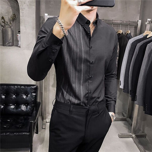 HUALIN FASHION痞帅男士衬衫春秋季潮流修身条纹衬衣2025 GWH-753黑色 L 适合107-127斤以内