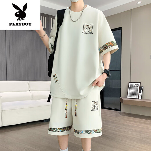 花花公子（PLAYBOY）2025年夏季新款中国风时尚休闲男士套装圆领短袖T恤短裤两件套潮 【短.袖套装】6195 米白色 L (建议115-130斤)