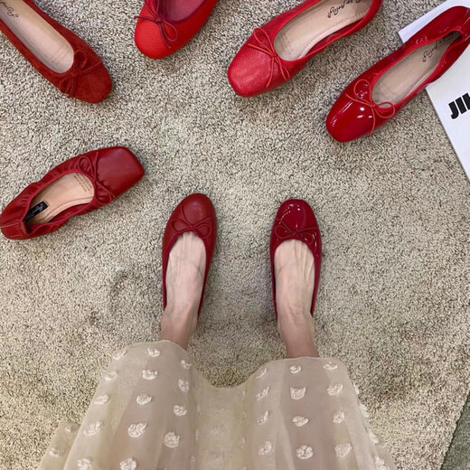 Jingpufei bow with shallow mouth flat single shoes women's ballet shoes red 2025 J683-4 red 40