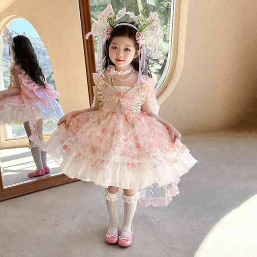 Ant-Patio Girl Princess Lolita Dress 2025 New Summer Children's Flower Fairy Dress Girl's Birthday Dress Pink (6630 Flower Fairy Dress) 150 Recommended for 9-10 years old (height about 145)
