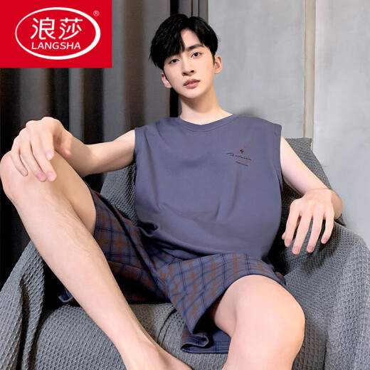 浪莎（LangSha）睡衣男士夏季纯棉薄2025新款背心短裤男款家居服套装大码无袖夏天 OMM-13062 L