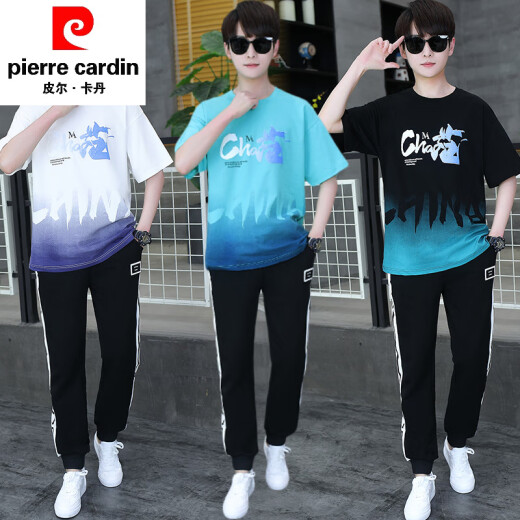 皮尔卡丹（pierre cardin）夏季青少年短袖t恤男孩衣服高中初中学生大童夏装帅气运动套装潮 白灰色 套装TZ9226款 S 【60-75斤】