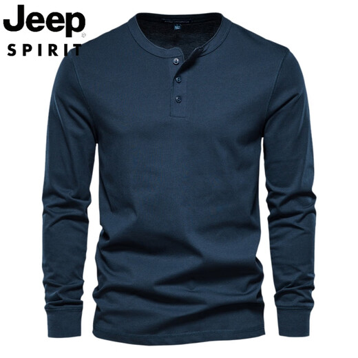 JEEP SPIRIT Jeep Henry shirt men's autumn heavyweight t-shirt pure cotton long-sleeved Henry collar men's business bottoming shirt slim top navy blue 3XL weight 190-210Jin Jin equals 0.5 kg