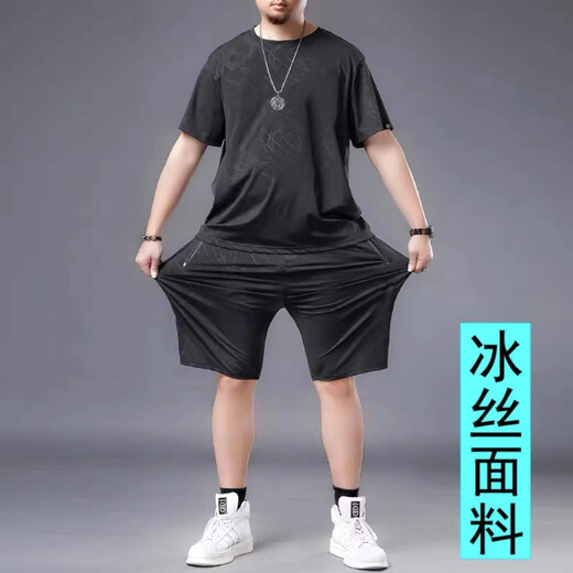 
Liyuantian new product short-sleeved T-shirt fat man ice silk quick-drying male fat man plus fat plus size men's summer casual sports shorts 829 black suit M equal size