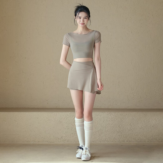 LULUUVTTOH new spring and summer yoga wear women's sports tops with chest pads short-sleeved T-shirt running Pilates training fitness wear almond color fixed cup M (recommended 95-110Jin Jin equals 0.5 kg)