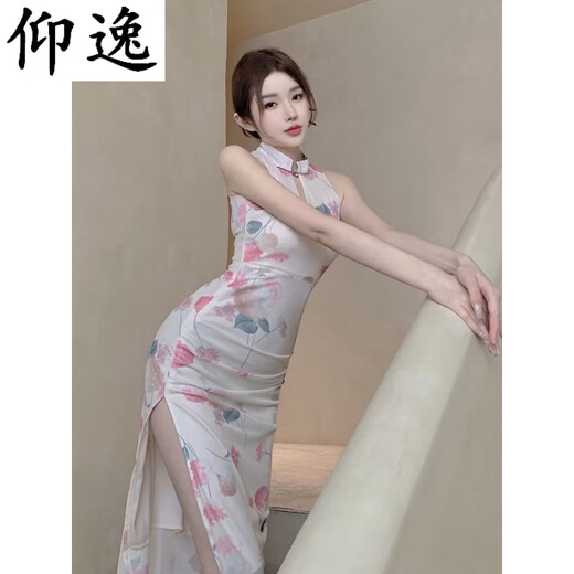 仰逸旗袍中国风性感新中式御姐改良女开春纯欲网纱高开叉包臀挂脖连衣 6197白底荷花 S