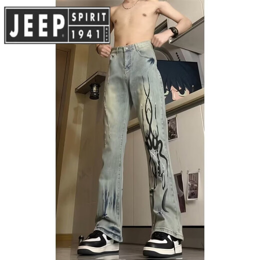 Jeep Spirit Jeep Flame Jeep Jeans Herren Sommertrendmarke Straight Pants High Street Style 692-Black XL [120-135jin [Jin entspricht 0,5 kg]]